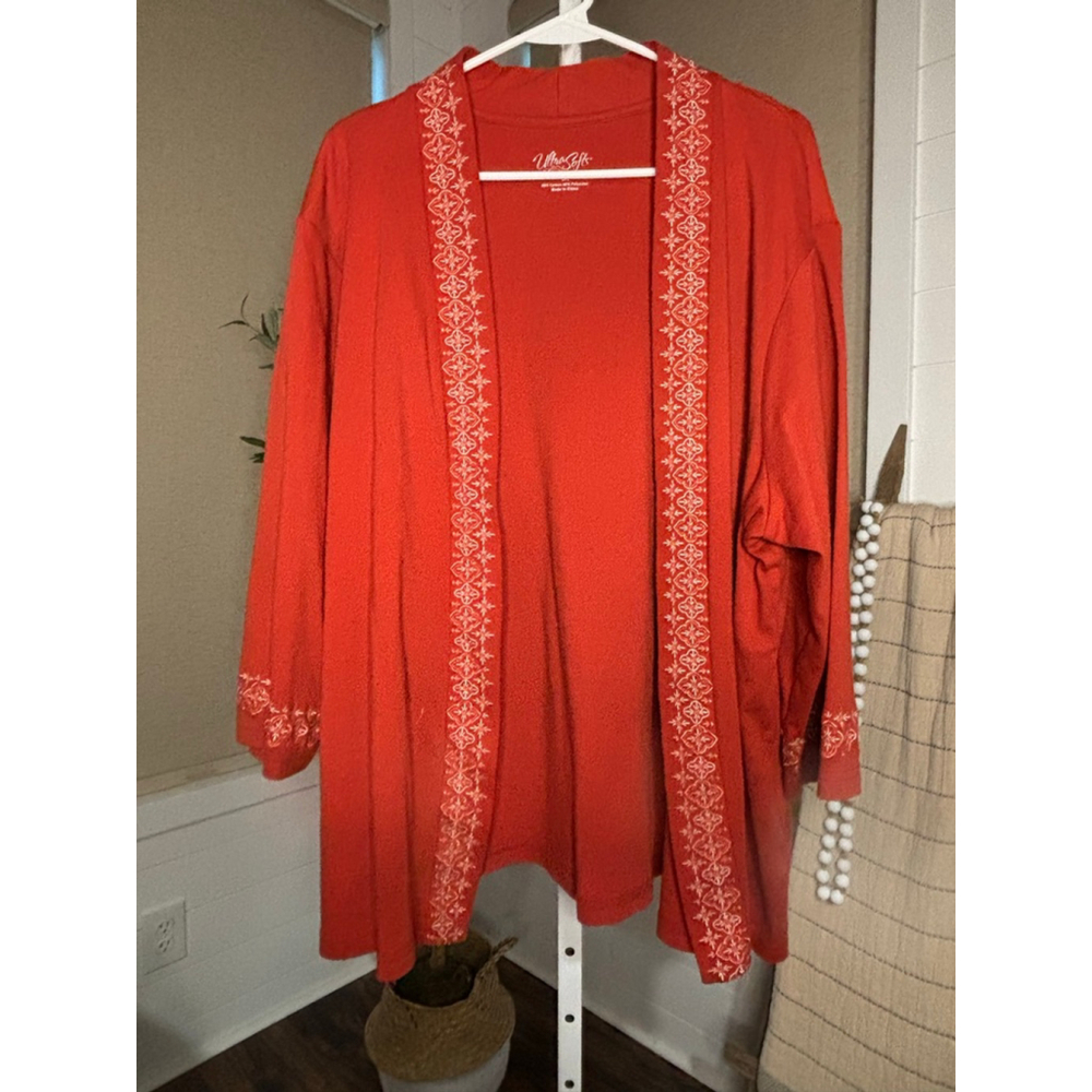 Women's Ultra Softs Burnt Orange & White Embroidered Open Front Cardigan 3X